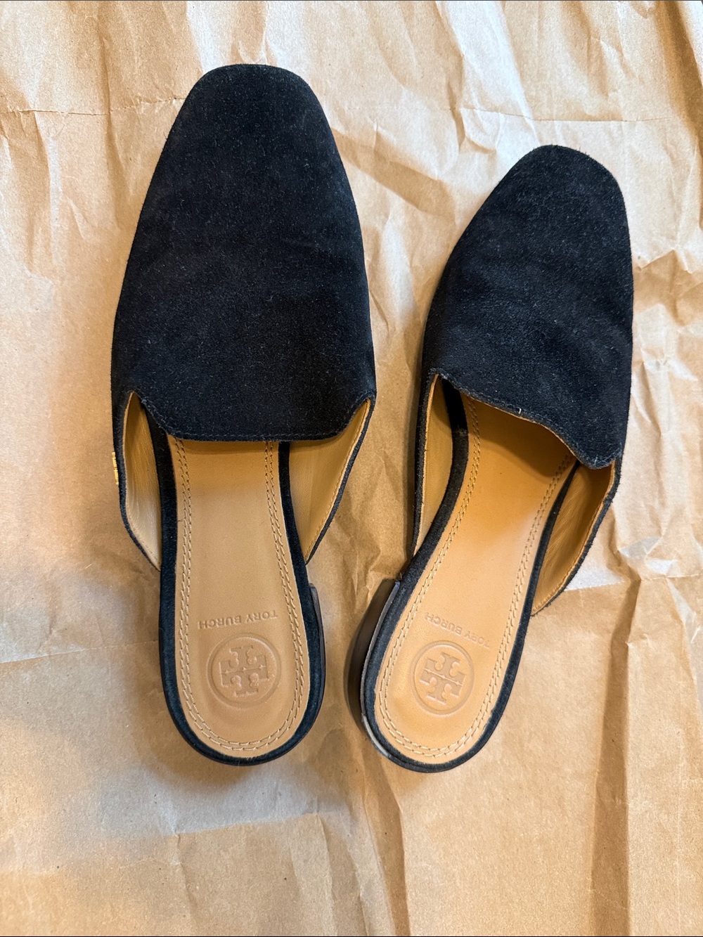 Tory Burch Black Suede Pointed Backless Mules with Gold Logo - Picture 2 of 3